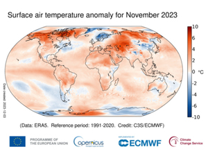 2023 będzie najcieplejszym rokiem w historii pomiarów <br />
Powierzchniowa anomalia temperatury powietrza w listopadzie 2023 r. w stosunku do średniej z listopada dla okresu 1991-2020. Dane: ERA5 (fot. C3S/ECMWF)