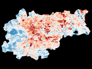 POLSA zleca monitoring miejskich wysp ciepła <br />
Mapa intensywności powierzchniowej miejskiej wyspy ciepła, Kraków, 29 czerwca 2022 r. (źródło: POLSA)