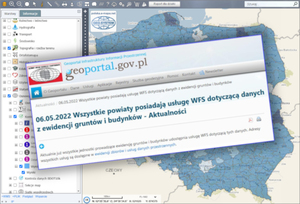 Dwa lata usług WFS we wszystkich powiatach <br />
Na fot: wyniki walidacji usług WFS w serwisie www.polska.e-mapa.net oraz zrzut wiadomości ze strony Geoportal.gov.pl sprzed dwóch lat (już niedostępnej, usuniętej wraz ze zmianą strony)