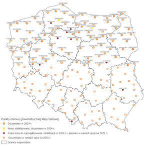 Rusza pomiar punktów osnowy grawimetrycznej klasy bazowej <br />
Szkic rozmieszczenia punktów osnowy grawimetrycznej klasy bazowej przewidzianych do pomiaru