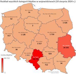 Aktualne wyniki badania stanu danych EGiB <br />
Mapa przedstawiające informację o wszystkich rodzajach błędów w województwach (w tym błędów wynikających z wzajemnego nakładania się działek)