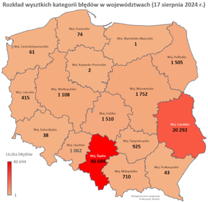 To już dwa lata monitoringu danych EGiB <br />
Mapa przedstawiające informację o wszystkich rodzajach błędów w województwach (w tym błędów wynikających z wzajemnego nakładania się działek)