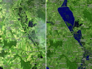 Racibórz Dolny widziany z kosmosu <br />
Zbiornik Racibórz Dolny 3 i 18 września (fot. EO Browser, Sentinel Hub, Copernicus)