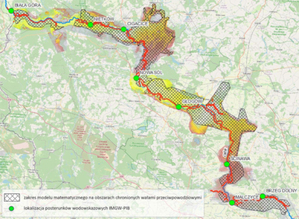 Skutki awarii wałów przeciwpowodziowych w modelach IMGW <br />
Zasięg przestrzenny modeli matematycznych uwzględniających obszary chronione wałami przeciwpowodziowymi na odcinku Odry poniżej Wrocławia do Białej Góry