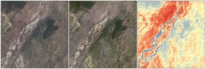 Nowa kolekcja danych Landsat <br />
Od lewej: dane na poziomie 1, reflektancja powierzchni, temperatura pow.