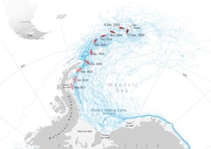 Wielka góra lodowa pod czujnym okiem satelitów <br />
Trasa 3-letniej podróży A-68A na tle innych gór lodowych (fot. Antarctic Iceberg Tracking Database)