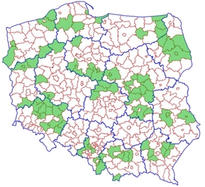 Już co piąty powiat odbiera zawiadomienia z KW przez ZSIN <br />
Mapa dotychczasowych wdrożeń (fot. GUGiK)