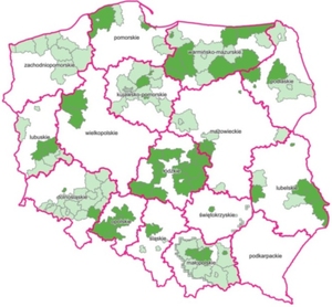 Aktualizacja BDOT10k dla 12 powiatów <br />
Powiaty, dla których BDOT10k zaktualizowano w tym roku (kolor zielony - na zlecenie GUGiK, jasnozielony - na zlecenie UM)
