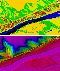 KPGeo zakończyło lotnicze skanowanie laserowe dla GUGiK <br />
Wizualizacja sklasyfikowanej chmury punktów i NMT w oprogramowaniu LiMON. Obszar wsi Santok u zbiegu Warty i Noteci. Na wzgórzu widoczne stanowisko grodu Pomorzan
