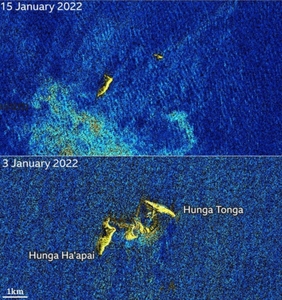 Satelity prezentują obraz zniszczeń na krańcu świata <br />
Wyspa Hunga Tonga-Hunga Ha'apai okiem satelity radarowego Sentinel-1 przez i po eksplozji (fot. Copernicus/ESA/SentinelHub)