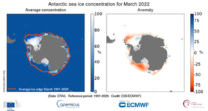 Copernicus: zasięg lodu morskiego na Antarktydzie i temperatura na świecie w marcu br. <br />
Po lewej: Średnia koncentracja (po lewej) oraz odchylenia od normy koncentracji (po prawej) lodu morskiego na Antarktydzie w marcu 2022 r. w stosunku do średniej marcowej dla lat 1991-2020 (źródło danych: ERA5; za: Copernicus Climate Change Service/ECMWF)
