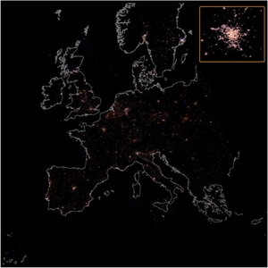 Astronauci pomogli stworzyć mapę zanieczyszczenia świetlnego Europy <br />
Mapa nocnego oświetlenia Europy opracowana na podstawie tysięcy zdjęć z ISS z lat 2014-2020 (fot. ESA/NASA/A. Sánchez de Miguel)