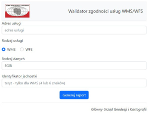 GUGiK udostępnia walidator usług WMS i WFS z danymi EGiB <br />
Okno walidatora GUGiK