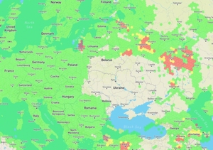 Rosja uruchamia wielkoskalowe zakłócanie GNSS... na swoim terytorium <br />
Przypadki zakłócania sygnałów GNSS (kolor czerwony) stwierdzone przez serwis GPSJam