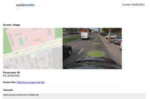ZDM w Warszawie podsumowuje skanowanie ulic <br />
Przykładowy raport nieprawidłowości: po lewej stronie okno z lokalizacją zdarzenia na mapie, po prawej zdjęcie sytuacji w terenie