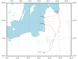 Naukowcy z IGiK wykonywali pomiary grawimetryczne na Litwie i Łotwie <br />
Trasa kampanii i położenie stacji grawimetrycznych (źródło: Przemysław Dykowski, IGiK)