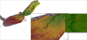 Skutki awarii wałów przeciwpowodziowych w modelach IMGW <br />
Przykład zakresu siatki obliczeniowej modelu matematycznego wraz z precyzyjnym uwzględnieniem ukształtowania terenu w miejscach obiektów liniowych, takich jak drogi, nasypy, na obszarach chronionych wałami powodziowymi