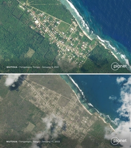 Satelity prezentują obraz zniszczeń na krańcu świata <br />
Fragment wyspy Tongatapu przez i po tsunami okiem satelitów Planet 