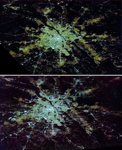Astronauci pomogli stworzyć mapę zanieczyszczenia świetlnego Europy <br />
Nocne oświetlenie Warszawy w 2012 (u góry i w 2022 r. (u dołu); fot. ESA/NASA/A. Sánchez de Miguel