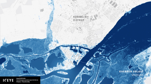 Gigantyczna powódź na Ukrainie widoczna na zobrazowaniach ICEYE <br />
Chersoń, podczas powodzi, na podstawie analizy przeprowadzonej przez ICEYE